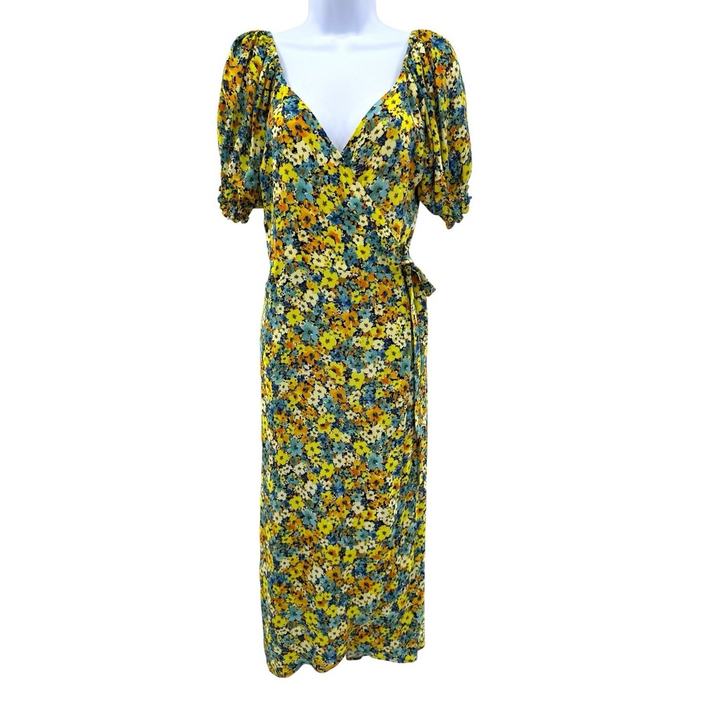 L*Space Talia Wrap Dress Size M Yellow Blue Floral Puff Sleeve Midi Vacation‎